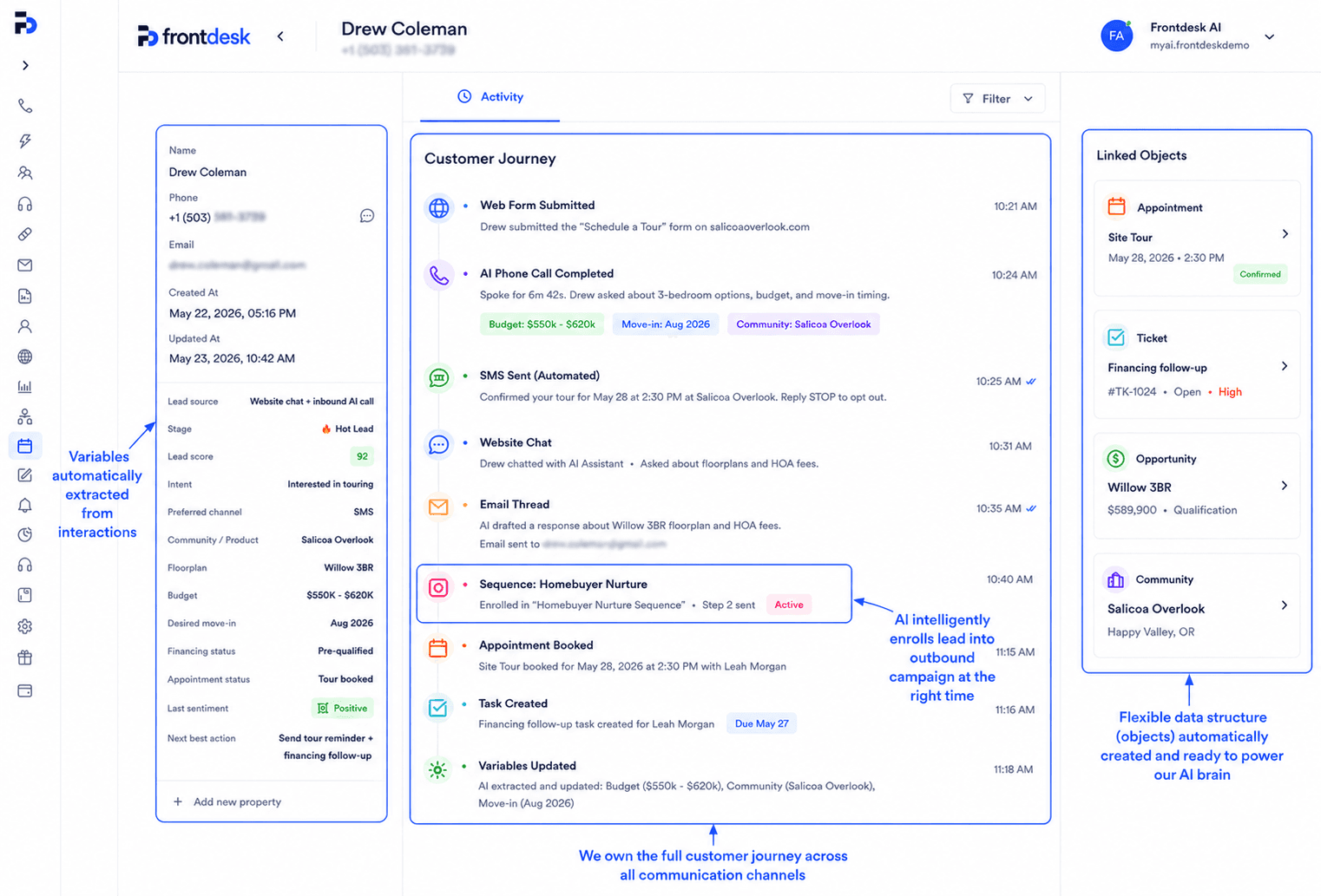 Bevado CRM showing contact records filled from conversations